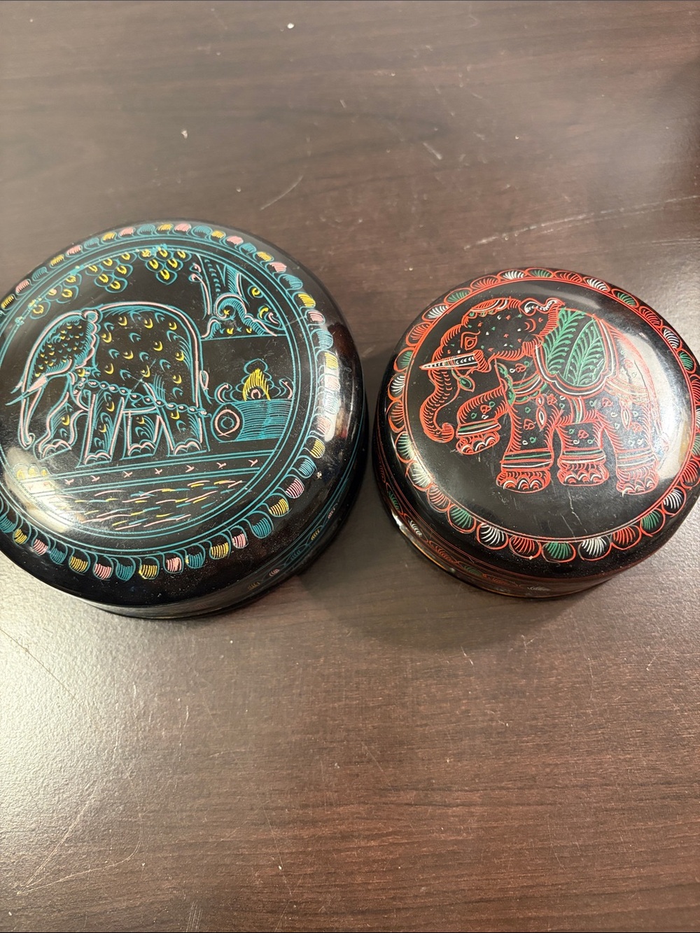 Hand-Painted Elephant Lacquer Coasters - Black with Teal & Red Accents